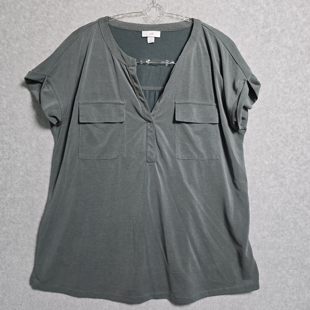J Jill Women Small Stretch Popover Shirt Top V Neck Short Sleeve Patch Pocket